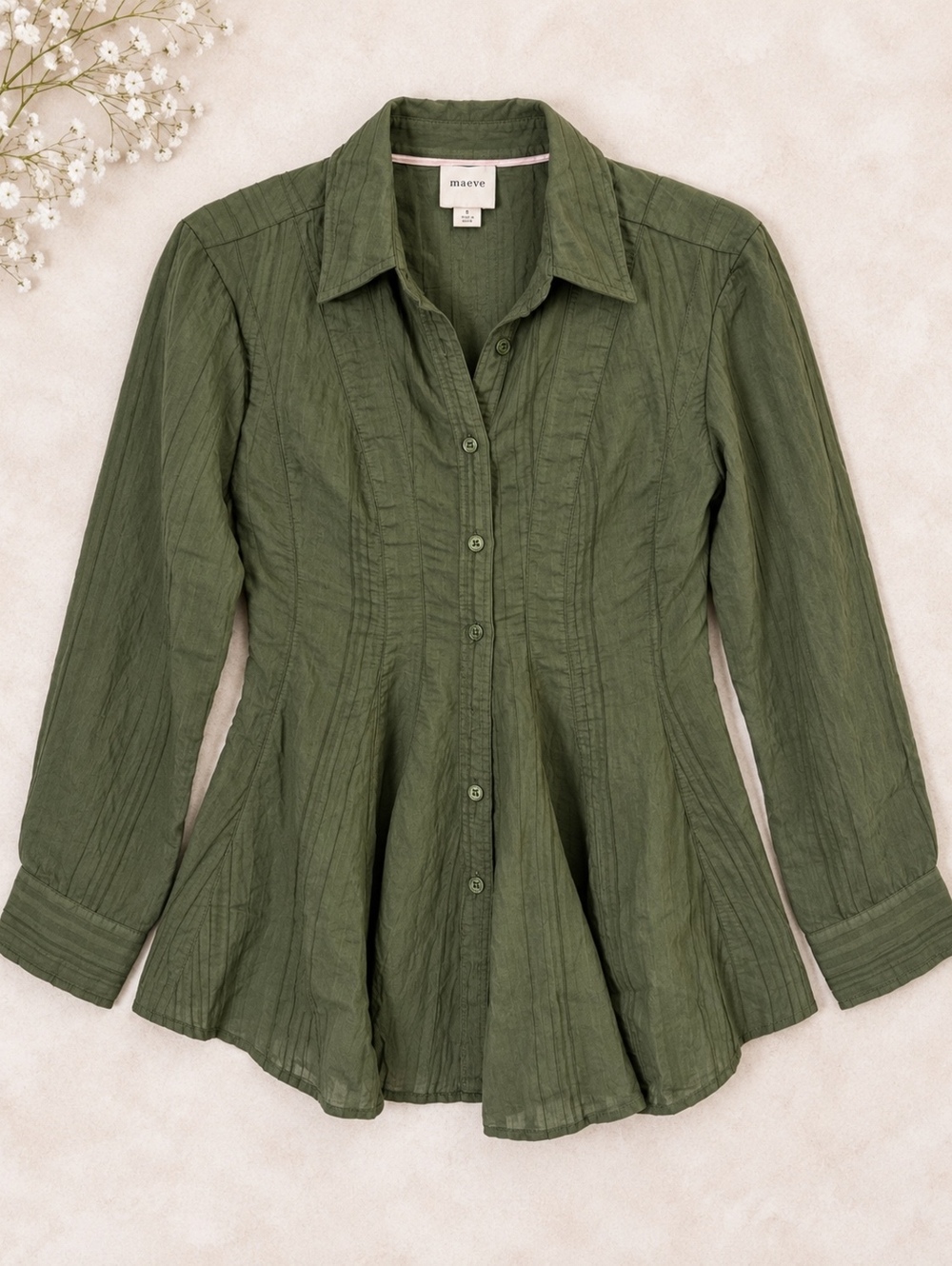 Maeve Green Button-Up Shirt XS Lightweight Casual